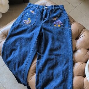 Blue Wide Leg High Rise Jeans with Boho Celestial Embroidered Pockets